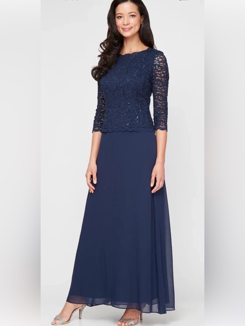 Alex Evenings Sequined Lace Crew Neck Scalloped Bodice Chiffon Gown Sz 12 NWT